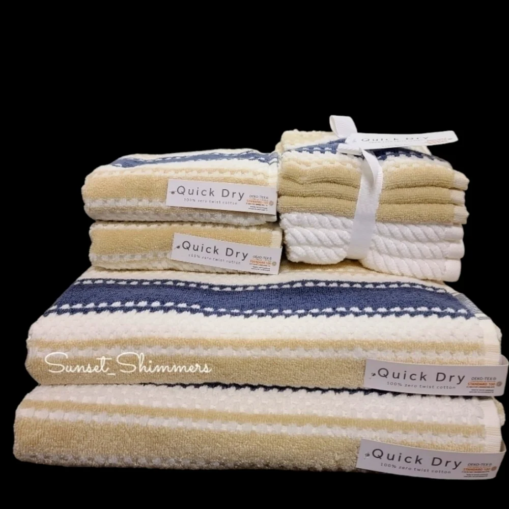 10pc Quick Dry Tan Navy 100% Zero Twist Cotton Bath Hand Washcloth Towel Set